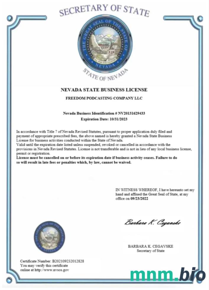 USA, Nevada, certyfikat licencji biznesowej w formacie Word i PDF